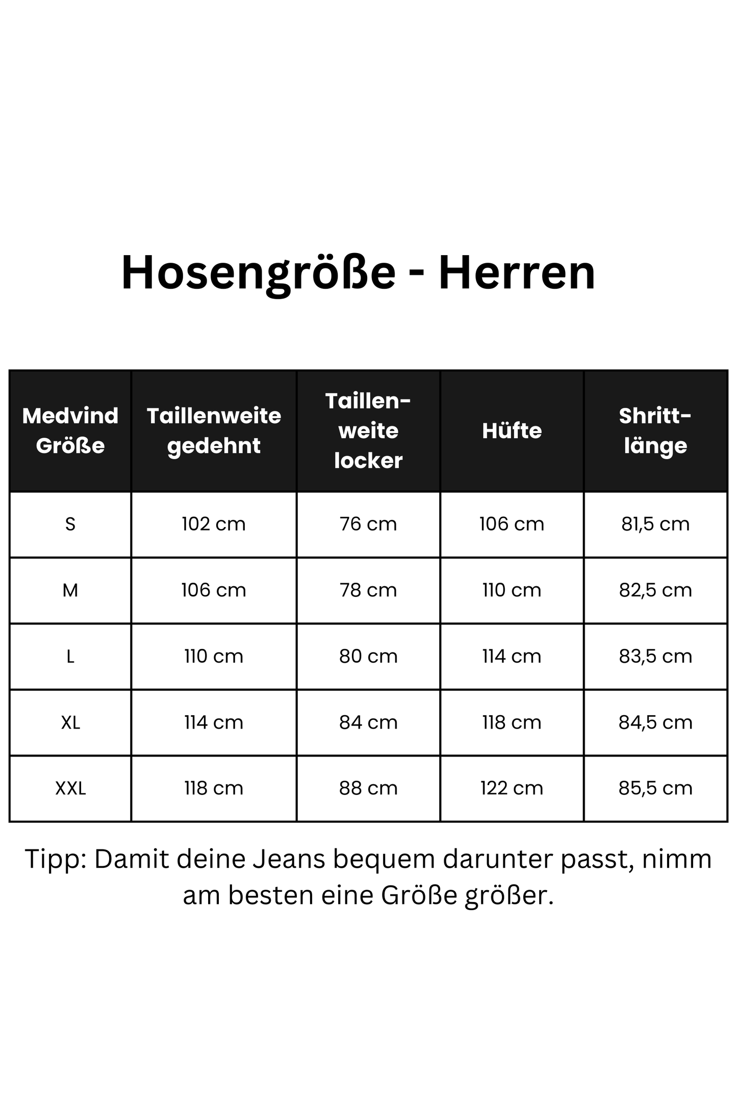 Größentabelle Sizetable